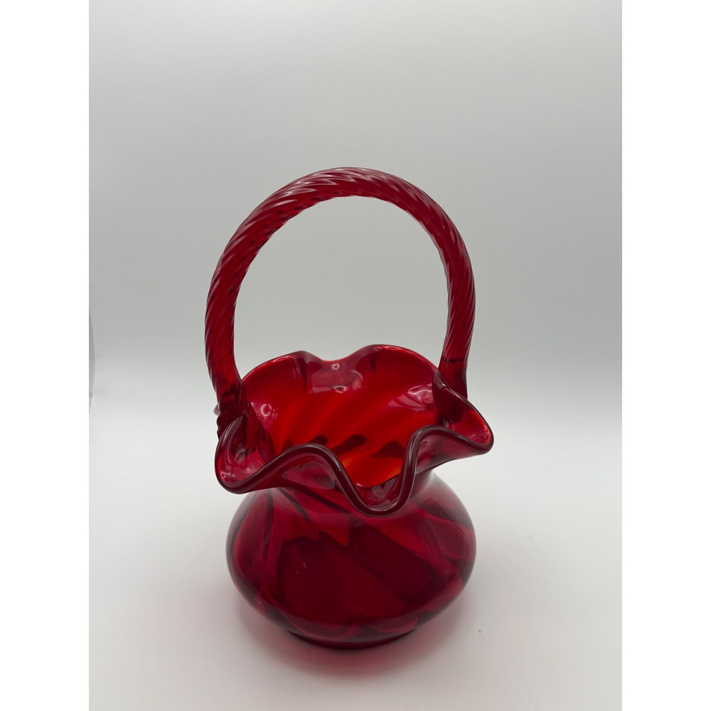 Vintage‎ Fenton Ruby Red Slag Glass Ruffled Basket Twisted Handle Swirl Pattern